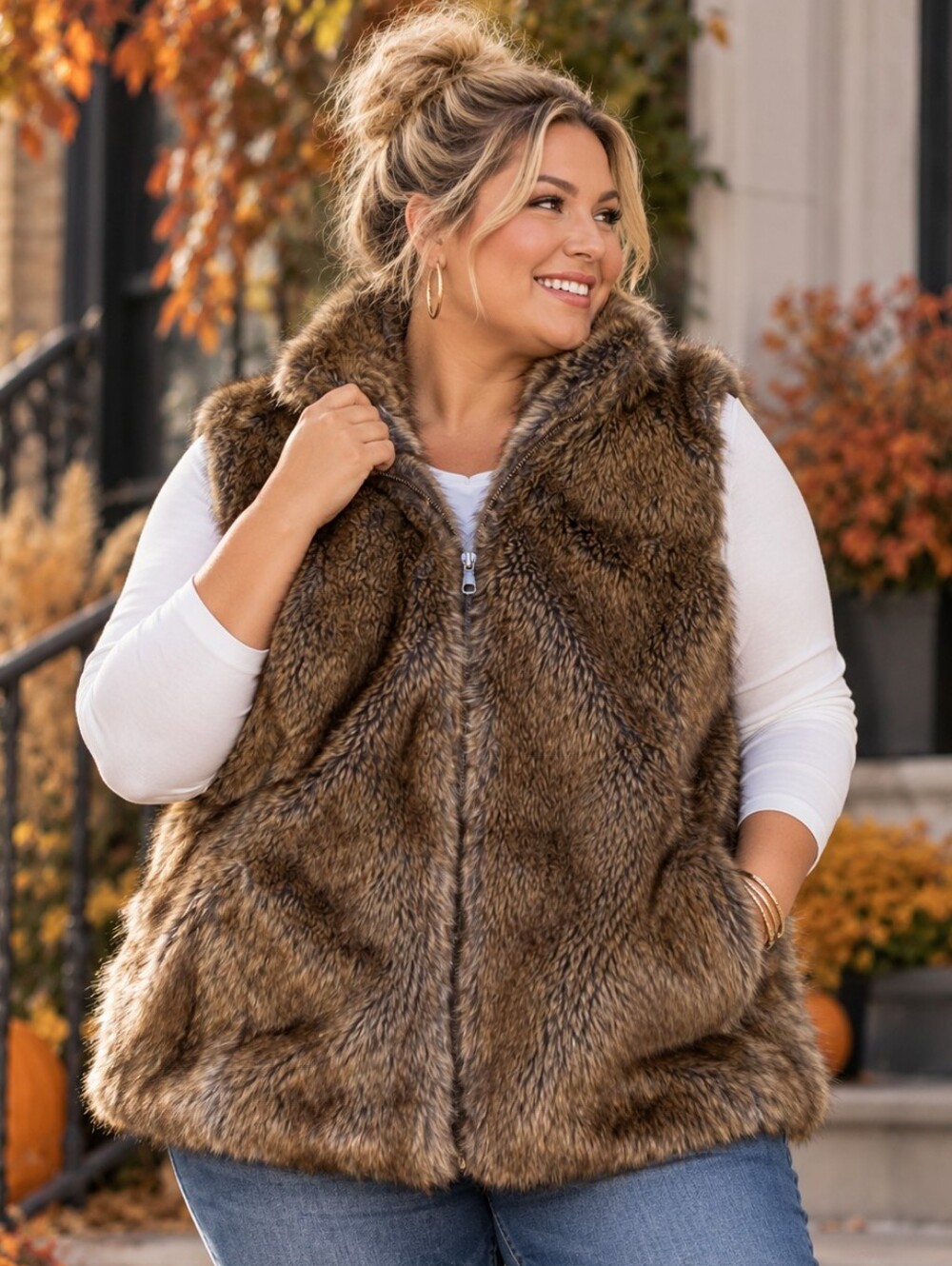 Maurice Plus Size XXL: Faux Fur Vest - Brown Plush Zip Front Vest